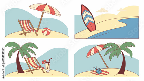Summer Beach Vacation Scenes Collection Flat Vector Illustration. Tropical Holiday Elements with Umbrellas, Chairs, Palm Trees, and Surfboards on Sand
