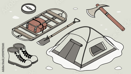 Winter camping gear isometric illustration with tent, snow boots, sled, axe, compass, shovel, and backpack for cold weather survival expedition