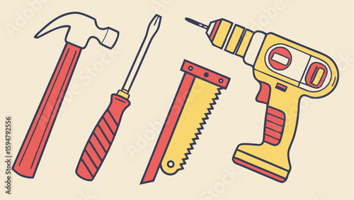 Vibrant flat design illustration of essential DIY and construction hand tools including a red hammer, screwdriver, yellow saw, and cordless drill on a light cream background.
