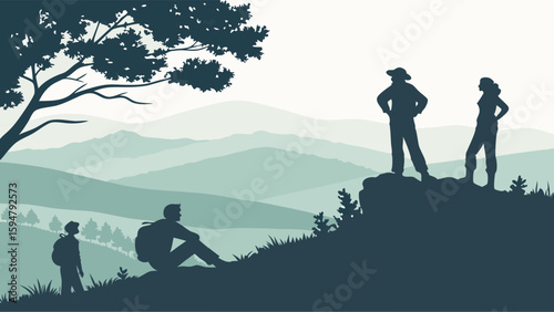 Duotone silhouettes of hikers, family and friends, exploring a serene mountain landscape. Peaceful outdoor nature adventure illustration with scenic views.