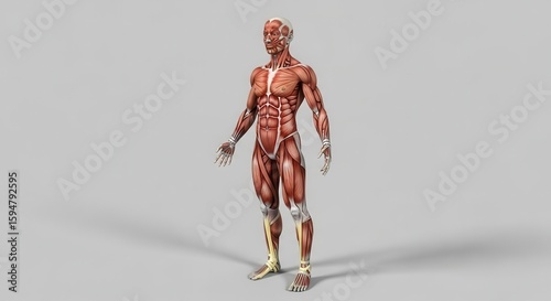Detailed anatomical model showcasing human male musculature and superficial fascia.