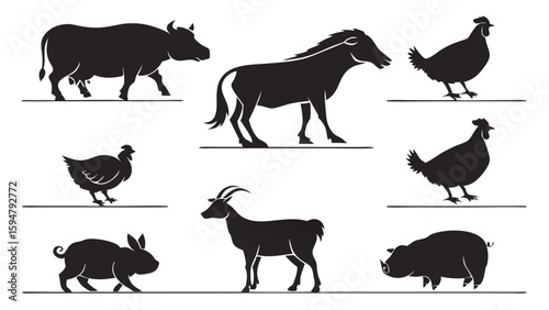 Black animal silhouettes collection featuring hippo, wildebeest, chickens, goat, rabbit, and warthog. Vector farm and wild animal icon set isolated on white.
