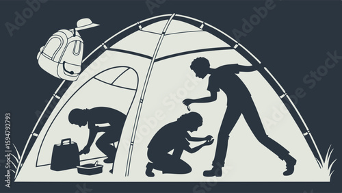 Monochrome silhouette illustration of three people inside a camping tent, preparing gear and supplies for an outdoor adventure trip. Nature expedition.