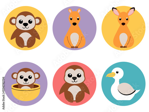 Cute cartoon animals in colorful circles monkey kangaroo and seagull illustrations