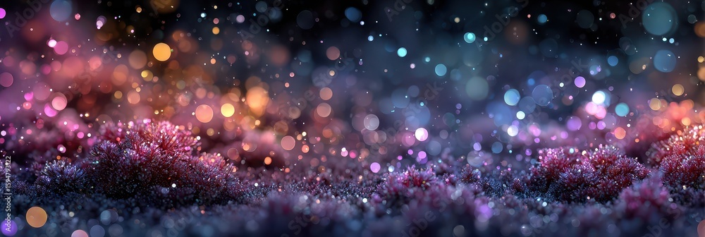 Fototapeta premium Colorful bokeh lights and shimmering particles create a magical atmosphere in a dark setting during a winter evening
