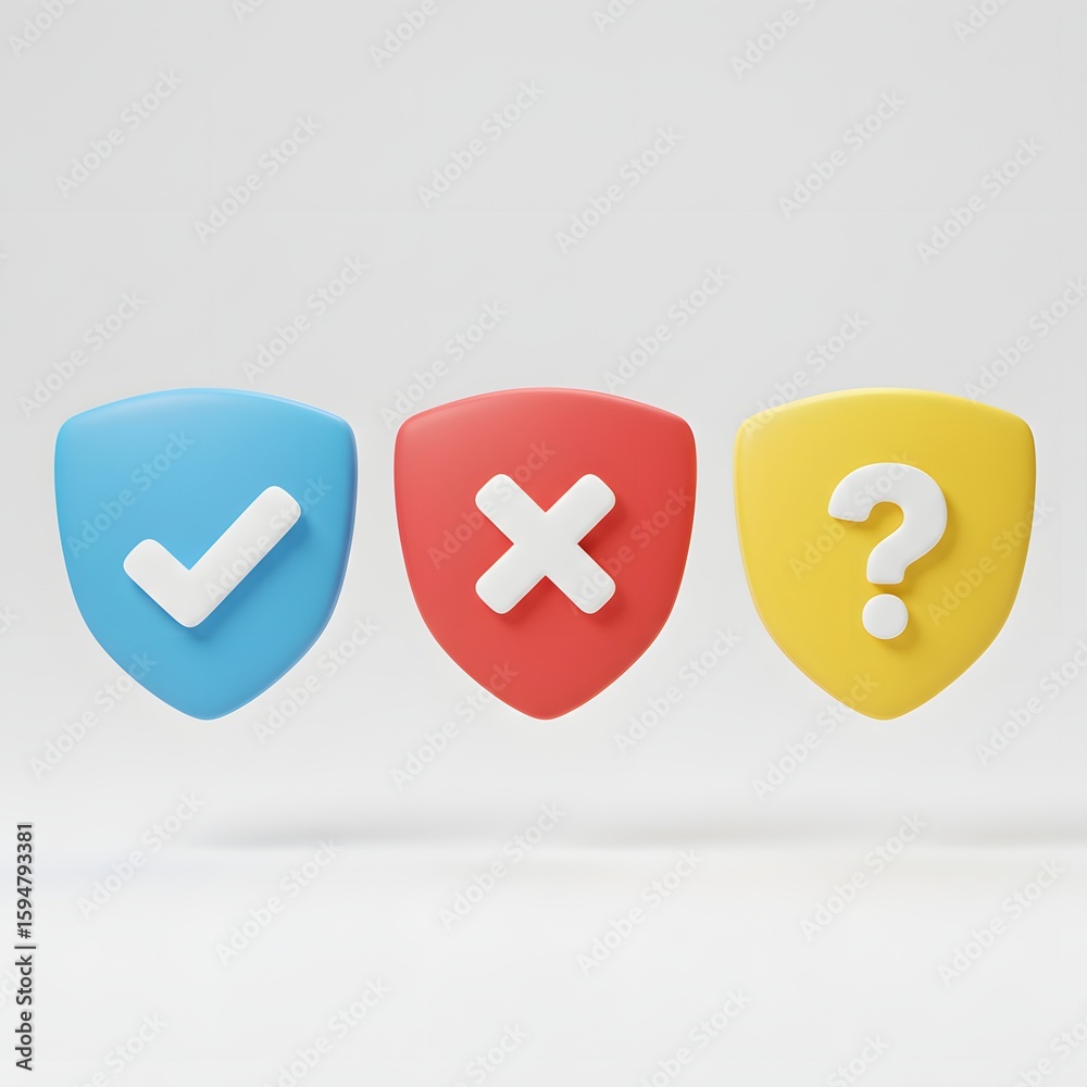 Obraz premium Three shields with icons check cross and question mark