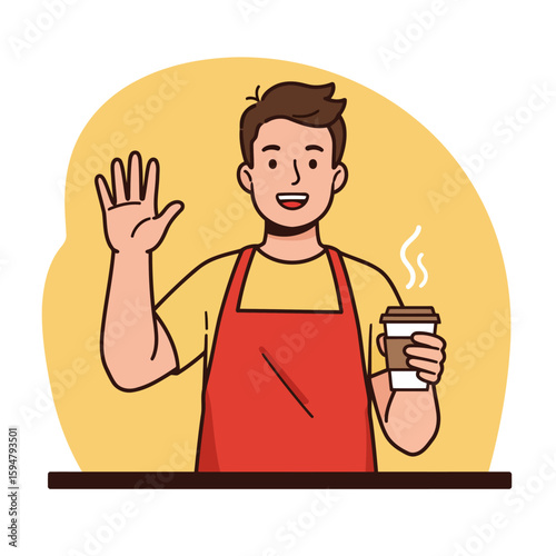 A cartoonstyle barista in a red apron waves while holding a steaming cup