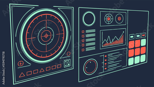 Futuristic HUD UI panels with neon teal and orange glow, displaying radar, data graphs, and control elements on a dark background. Sci-fi digital interface concept.