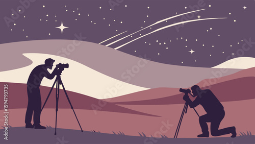 Two photographers capture stunning night sky astrophotography with stars, shooting stars, and a desert landscape in a beautiful vector illustration.