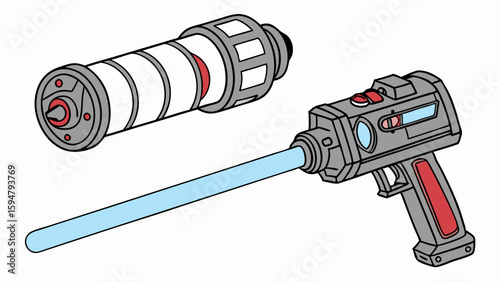Detailed vector illustration of a futuristic sci-fi laser gun with a glowing blue energy beam and a separate cylindrical power cell component, clean art.