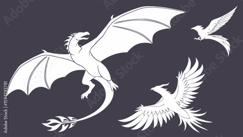 Highly detailed white outline vector art featuring a majestic flying dragon, a graceful phoenix, and a soaring mythical bird, ideal for fantasy and mythological designs.