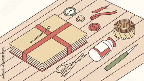 Isometric DIY Crafting Supplies on Wooden Table Bookbinding Kit with Stacked Papers Ribbons Scissors Glue Buttons and Cutter for Creative Projects