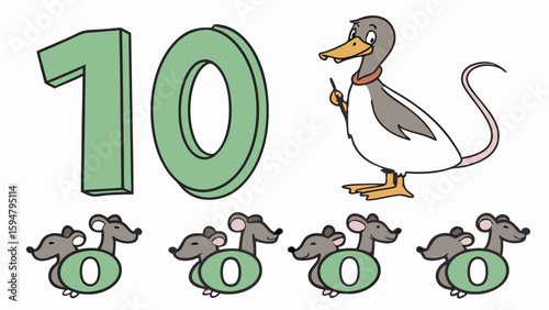 Educational cartoon illustration of the number ten with a friendly duck holding a pencil and cute mice on green zero shapes, perfect for kids learning to count.