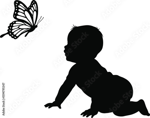 Silhouette of crawling baby watching butterfly, infant interaction vector art, cute black baby design, child curiosity moment illustration
