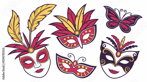 Vibrant vector illustration of festive carnival masquerade masks with colorful feathers, elegant gold accents, and ornate designs, perfect for celebration, mystery, and party themes.