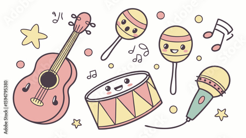 Cute pastel cartoon musical instruments set with guitar, maracas, drum, and microphone, adorned with music notes and stars, perfect for kids' music.