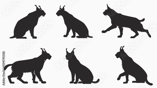 Six black lynx silhouettes vector set isolated on white background depicting wild cats in various natural poses for wildlife graphic design