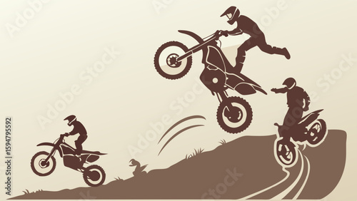 Vintage sepia silhouette illustration of three motocross dirt bike riders in action, performing extreme jumps and off-road stunts on a brown background