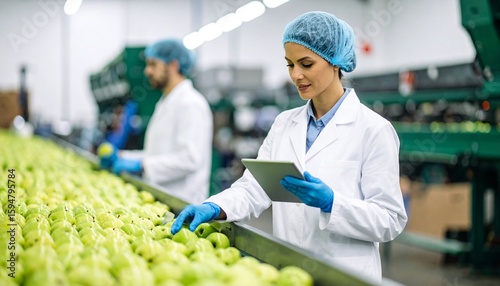 Quality Control Technician Inspecting Apples in a Modern Fruit Processing Plant.