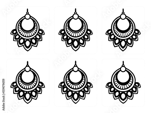 Six identical black and white ornate chandelier earrings arranged in a grid
