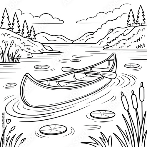 canoe on the lake coloring page line art