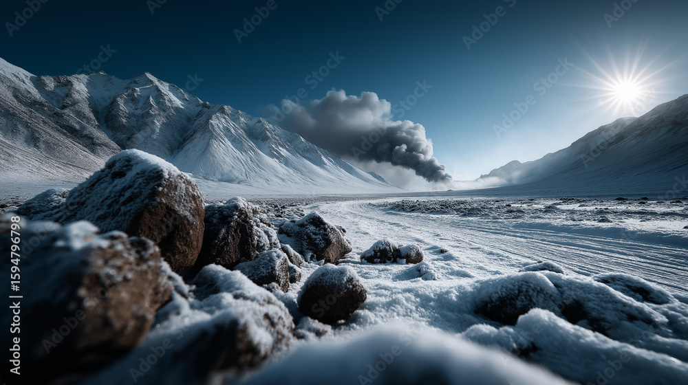 Obraz premium Dramatic volcanic winter landscape with mounds of black lava rock in the foreground, dark smoke billowing from a distant volcanic vent, snow-covered terrain and mountains under a bright blue sky,