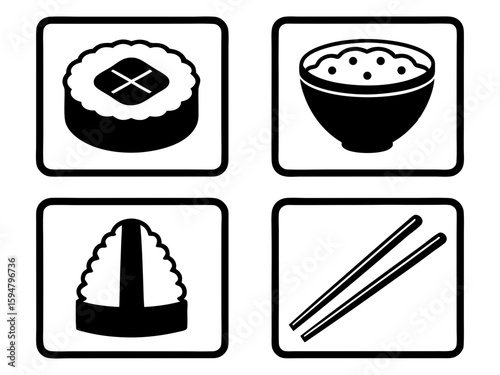 Simple black and white icons representing sushi rice and chopsticks