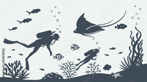 Underwater Scuba Divers Manta Ray Marine Life Coral Reef Fish Silhouette Monochrome Ocean Exploration Vector Art