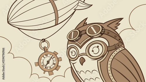 Sepia Steampunk Owl Illustration with Goggles, Vintage Airship and Clockwork Pocket Watch, Retro Fantasy Art Featuring Clouds and Mechanical Details