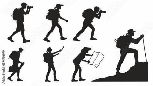 Black and white silhouette vector illustration of hikers and adventurers with backpacks cameras and maps exploring outdoors trekking and climbing mountains