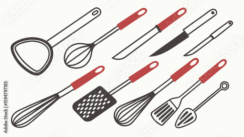 Set of essential kitchen utensils and cooking tools. Minimalist flat design line art with black outlines and red handles on a crisp white background.