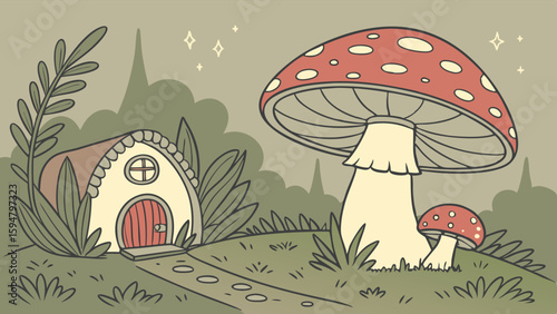 Whimsical cartoon illustration of a cozy mushroom house with a red door, surrounded by giant red and white toadstools in an enchanted forest fairy tale landscape.