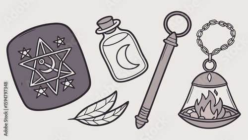 Monochrome line art illustration of magical and occult items including a pentagram tablet, moon potion bottle, ritual wand, bay leaves, and a hanging censer with fire.