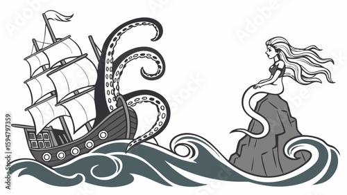 Mythical grayscale illustration of a giant kraken attacking an old sailing ship on stormy seas, with a beautiful mermaid watching from a rocky outcrop. Fantasy art.