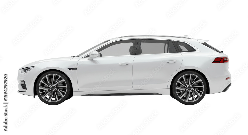 Naklejka premium A contemporary white SUV, meticulously detailed with sleek, aerodynamic lines and multi-spoke alloy wheels, presented in a pure transparent studio with shadowless illumination, side profile shot,