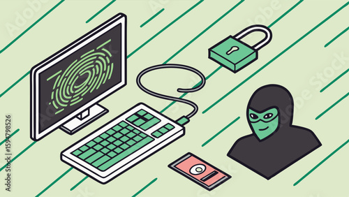 Isometric illustration of a hacker stealing personal data from a computer, depicting cybersecurity threats, data theft, and online privacy with a padlock and fingerprint.