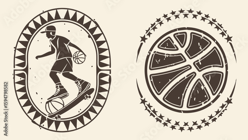 Vintage grunge basketball and skateboarding emblems. Retro sports badges featuring a skater balancing on a ball, with distressed textures and sepia tones.