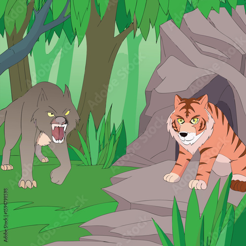 Wolf and tiger confrontation in forest animals