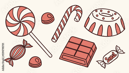 Delicious pink and cream candy assortment vector illustration. Outline art with lollipop, candy cane, chocolate, wrapped sweets, bonbons, and cake.
