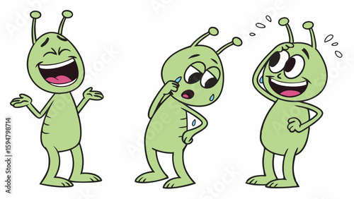 Three expressive green cartoon aliens depicting joy, sadness, and relief. Cute animated alien characters with antennae showing different feelings on white.