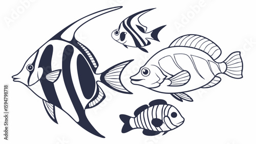Black and white vector illustration of a diverse group of tropical fish, including a Moorish Idol, angelfish, and other striped marine life, perfect for aquatic designs.