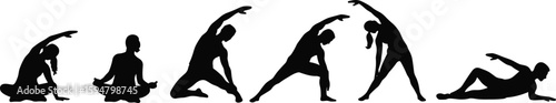 Silhouettes of people doing yoga, stretching exercises, fitness workout poses, wellness routine, healthy lifestyle, flexibility, outdoor group activity