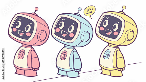 Three adorable pastel cartoon robots with happy TV screen faces and antennas, one singing, stand cheerfully in a row. Cute vector art illustration for kids and technology themes.