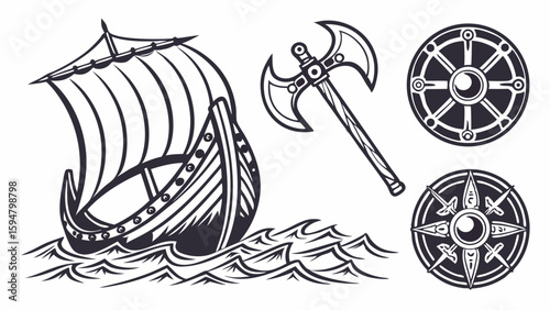 Black and white vintage illustration set featuring a Viking longship on waves, a double-bladed battle axe, and two distinct round warrior shields. Norse history art.