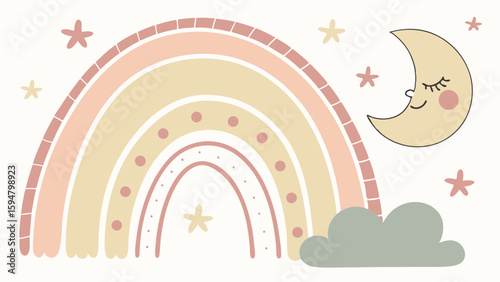 Boho Pastel Rainbow Moon and Stars Nursery Decor Illustration. Soft Dreamy Celestial Art for Baby Room Wall Decor. Cute Minimalist Children's Designs.