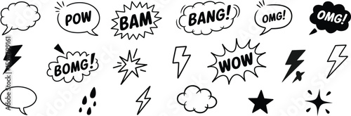 Set of Black and White Speech Bubbles with Comic Book Elements on White Background