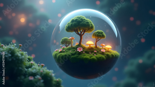 Enchanted Bubble Garden: A surreal, spherical glass bubble suspends gracefully in mid-air, housing a miniature, vibrant garden, with lush trees and radiant mushrooms.
