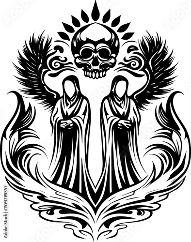 SVG skull with lantern guardians theme in tattoo style. Intricate Black and White Illustration of Spiritual Figures and Skull