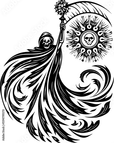 SVG skull with lantern guardians theme in tattoo style. Grim Reaper with Scythe and Spiritual Sun Symbol in Black Outline