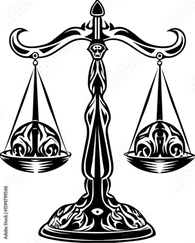 SVG skull with lantern guardians theme in tattoo style. Artistic Black and White Illustration of Scales of Justice Design
